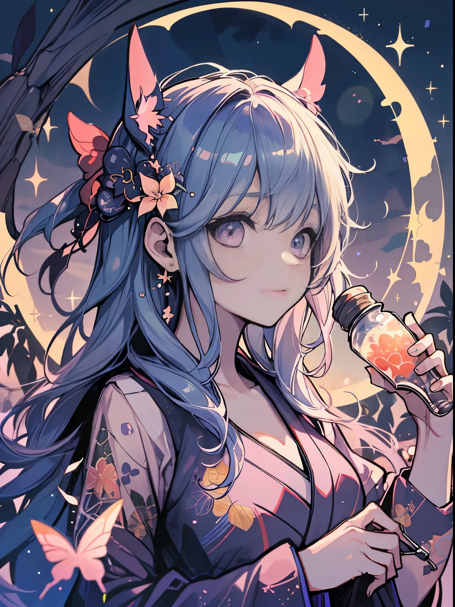 best qualtiy, 超A high resolution, A detailed face, A detailed eye, beautiful sexy woman, black and red kimono, moon in background, nigh sky, holding sake in hand, Sparkle, butterflys々, Fantastical, Looking up at the moon, sit at the base of a tree,