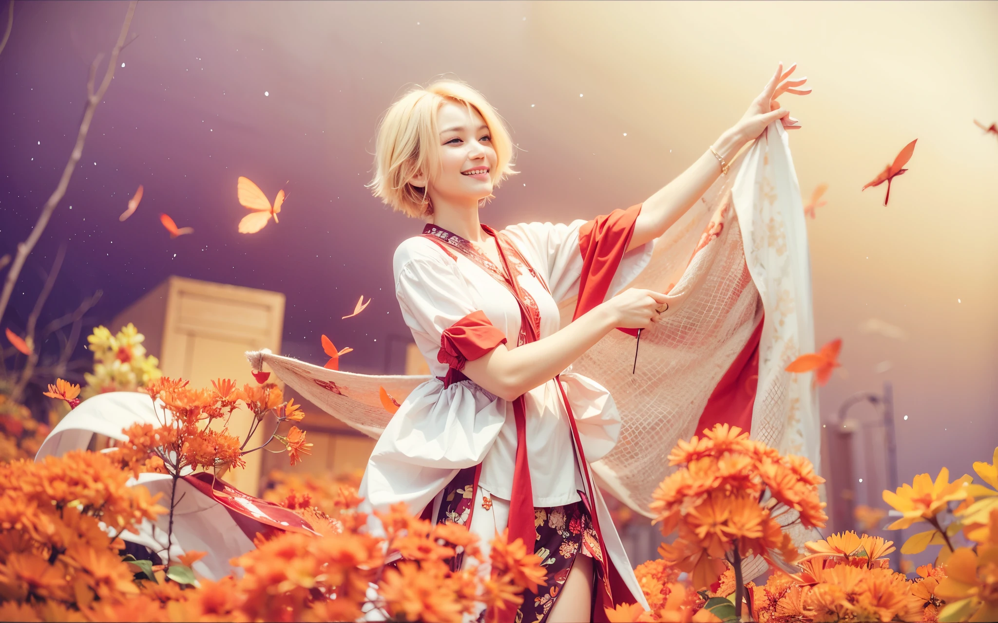 orange short straight hair, left hand reaching out, kind, friendly Smiling, surrounded by red spider lily