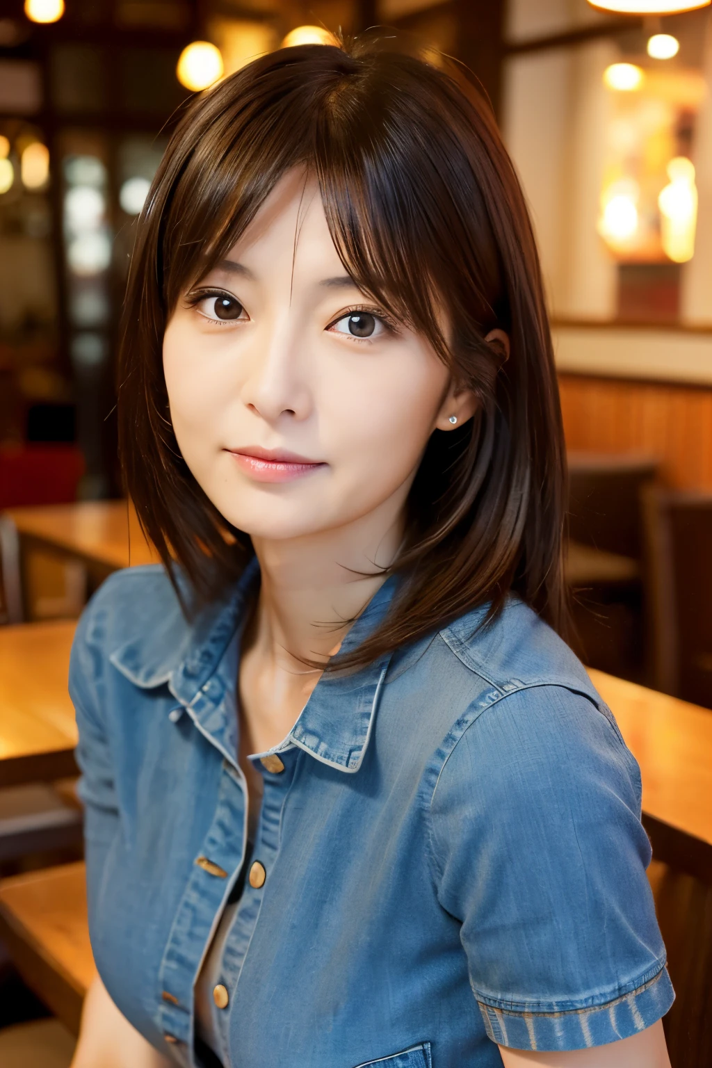 (High reality photograph, high resolusion, detailed face, detailed eyes) Skinny Japanese lady, 40 years old, cute face, various face expression, various hair style, skinny figure, small breasts, very thin waist, in a restaurant, wearing casual clothes