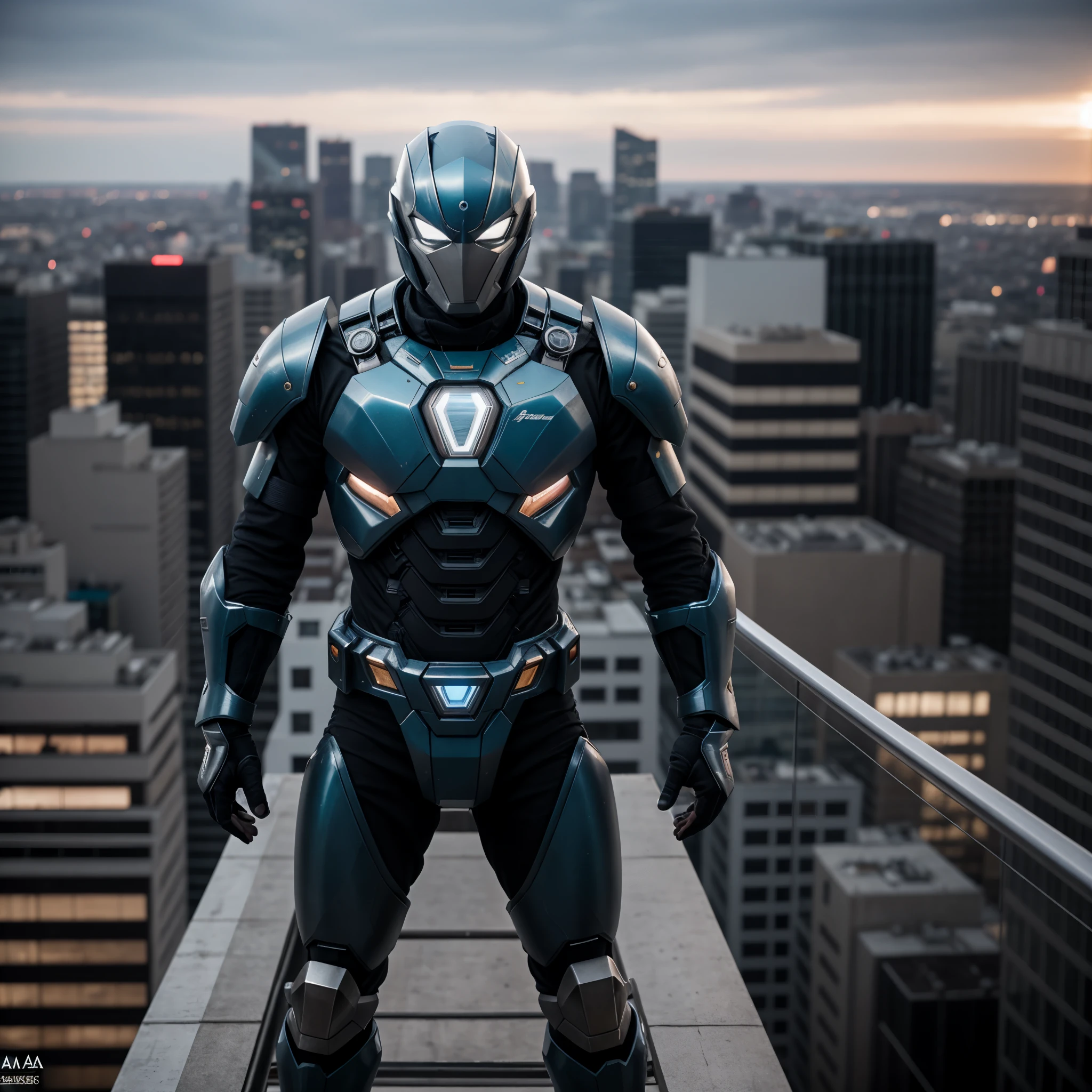 A super a high-tech biotech battle suit, standing on a rooftop, looking over the city, Japanese tokusatsu and American comic style, biometallic texture of the suit, sleek and shiny, dynamic, fast, natural light, cinematic, high quality, high resolution, high detail, sophisticated design, dramatic, high definition, ultra-detailed, ultra-fine painting, extremely delicate, creativity, Natural light, cinematic lighting, best shadow, masterpiece-anatomy-perfect