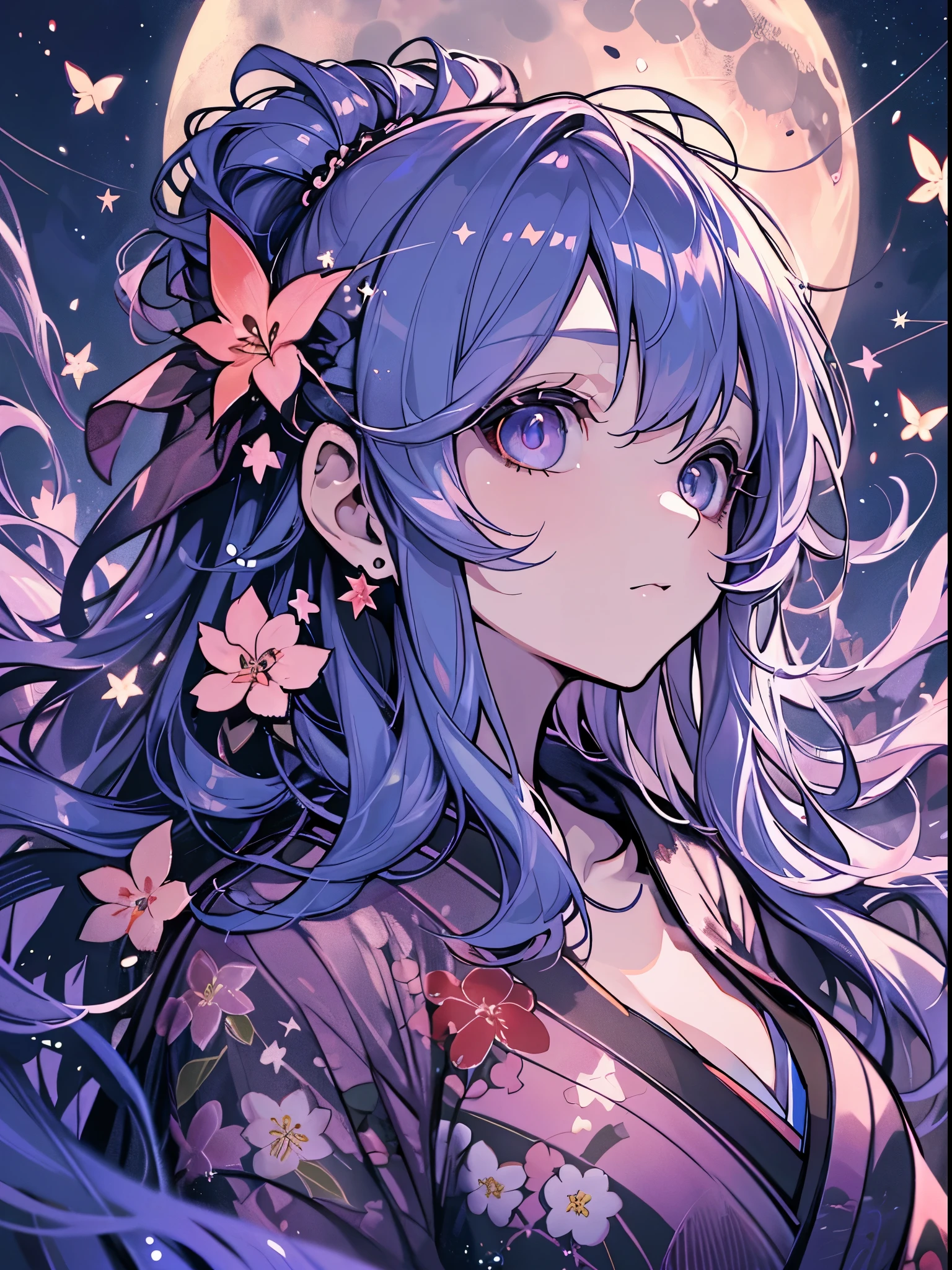 best qualtiy, 超A high resolution, A detailed face, A detailed eye, beautiful sexy woman, black and red kimono, moon in background, nigh sky, holding sake in hand, Sparkle, butterflys々, Fantastical, Looking up at the moon, Sit up,