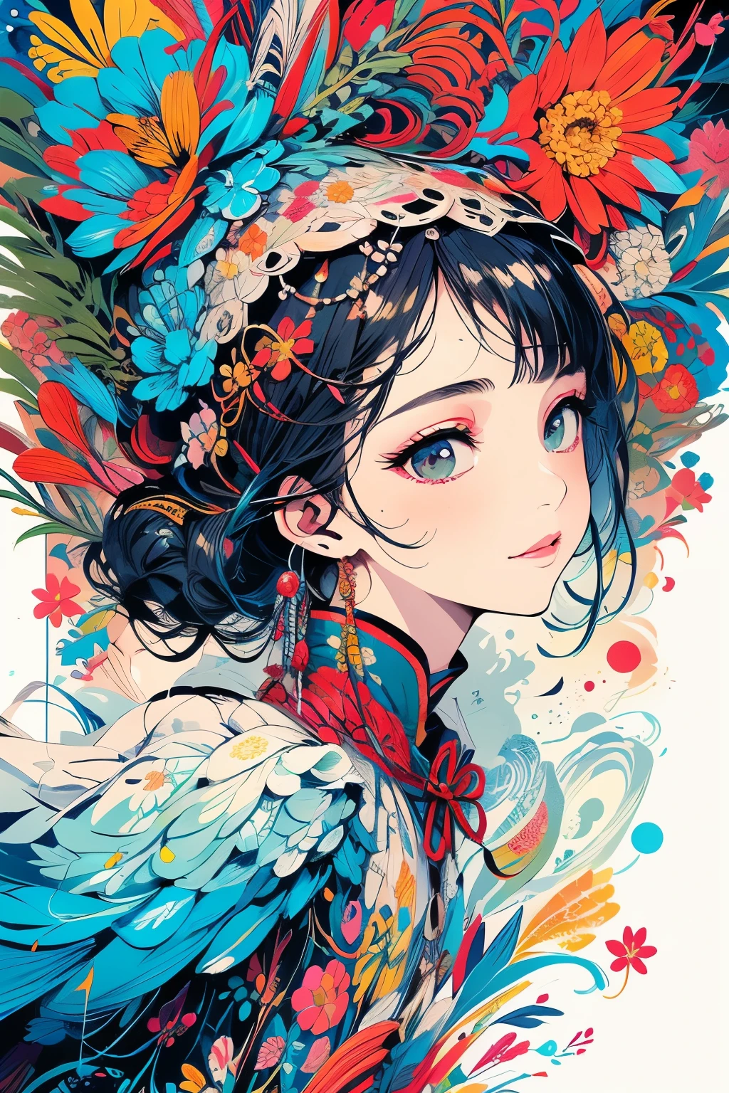 (​masterpiece、top-quality、top-quality、Official art、Beautifully Aesthetic:1.2)、Painterly、sketch、Texture、超A high resolution、独奏、Beautuful Women、A highly detailed、(Fractal Art:1.1)、(colourfull:1.1)(florals:1.6)、The most detailed、(Zentangle:1.2)、(Dynamic Poses)、(Abstract background:1.3)、(shinny skin)、(Many colors:0.8)、、(耳环:1.4)、(pluma:0.9)、Taisho romance