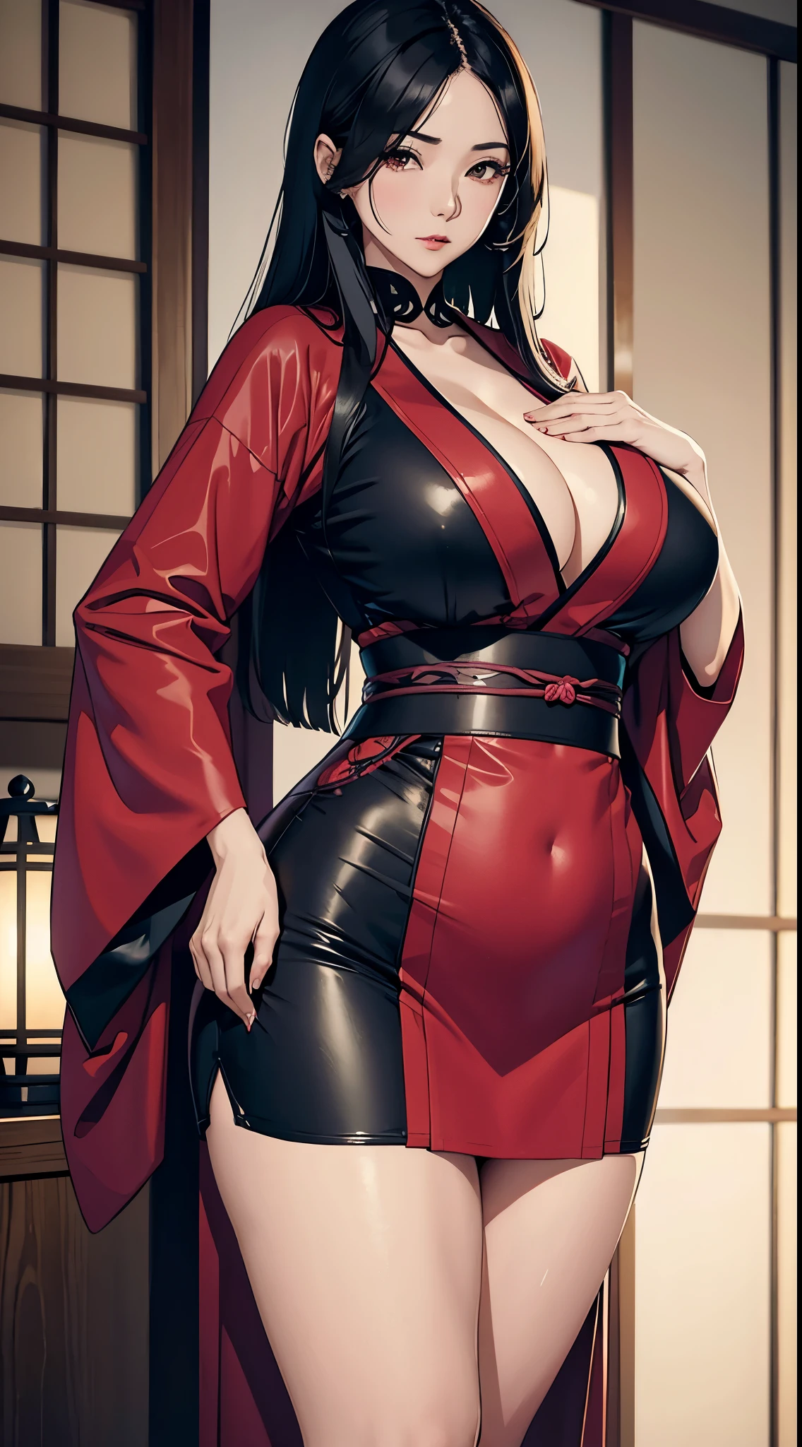 1mature women with tight kimono , long black hair, medium boobs, stand pose, curvy bodyline, sweat,4k resolution, thicc thigh,