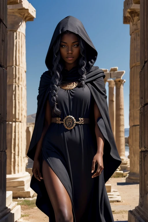 Medusa head, dark skin, antic dress, cloak and hood put on, greek temple landscape