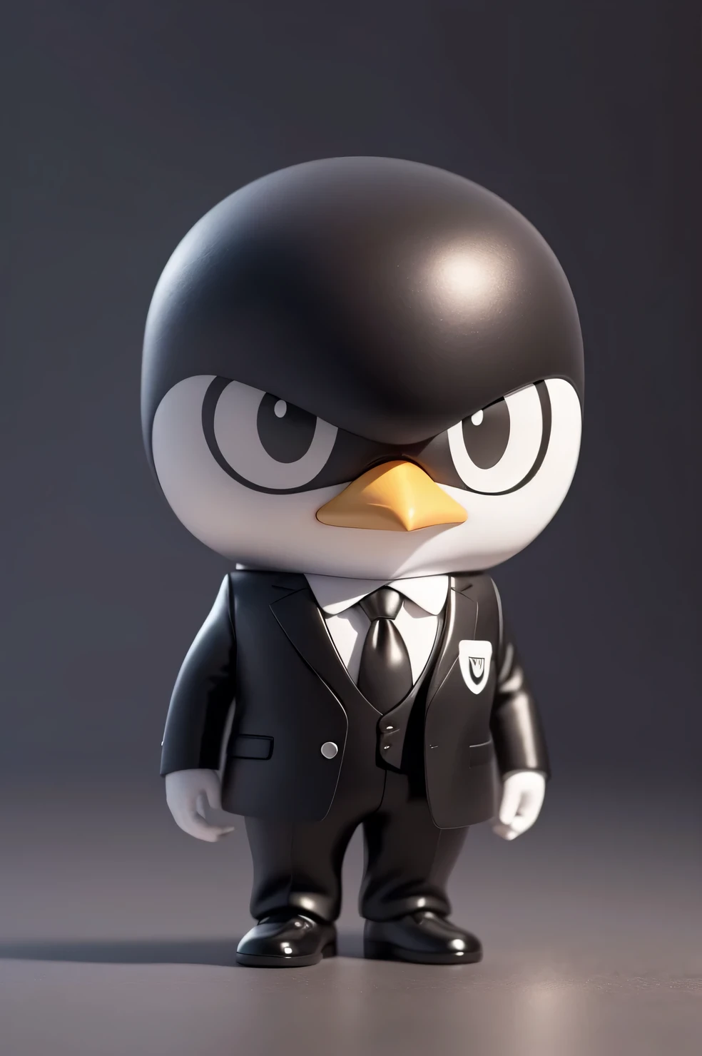 (Hand drawn cartoon style)，(No shadow effect)，(best qualtiy)，A penguin that looks like 007，M shaped pattern on head, shiny black penguin in suit, angry, dramatic, Q version image