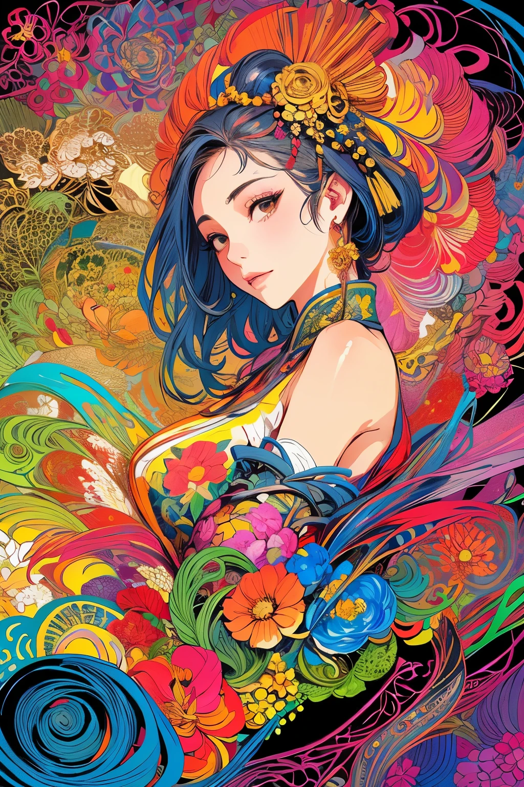 (​masterpiece、top-quality、top-quality、Official art、Beautifully Aesthetic:1.2)、Painterly、sketch、Texture、超A high resolution、独奏、Beautuful Women、A highly detailed、(Fractal Art:1.1)、(colourfull:1.1)(florals:1.6)、The most detailed、(Zentangle:1.2)、(Dynamic Poses)、(Abstract background:1.3)、(shinny skin)、(Many colors:0.8)、、(耳环:1.4)、(pluma:0.9)、Taisho romance