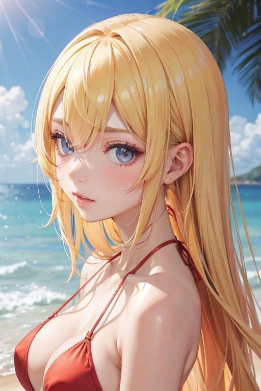 (masterpiece:1.2), (highest quality:1.2),, Curvy but slender body, perfect eyes, perfect face, perfect lighting, 1 girl, on the beach, (jumping),(pink bikini),(ruffle bikini),(whole bodyショット),(ponytail),(smile),curly hair, fine clothes, detailed outdoor background, compensate, eye shadow, thick eyelashes, fantasy, looking at the viewer, whole body、blue sky、Bright and beautiful face、young shiny glossy white shiny skin、the best beauty、the most beautiful bright blonde hair in the world、thin hair、long hair、Shining beautiful bangs、big shining blue eyes、very beautiful and nice 18 years old, the most beautiful girl in the world、big breasts