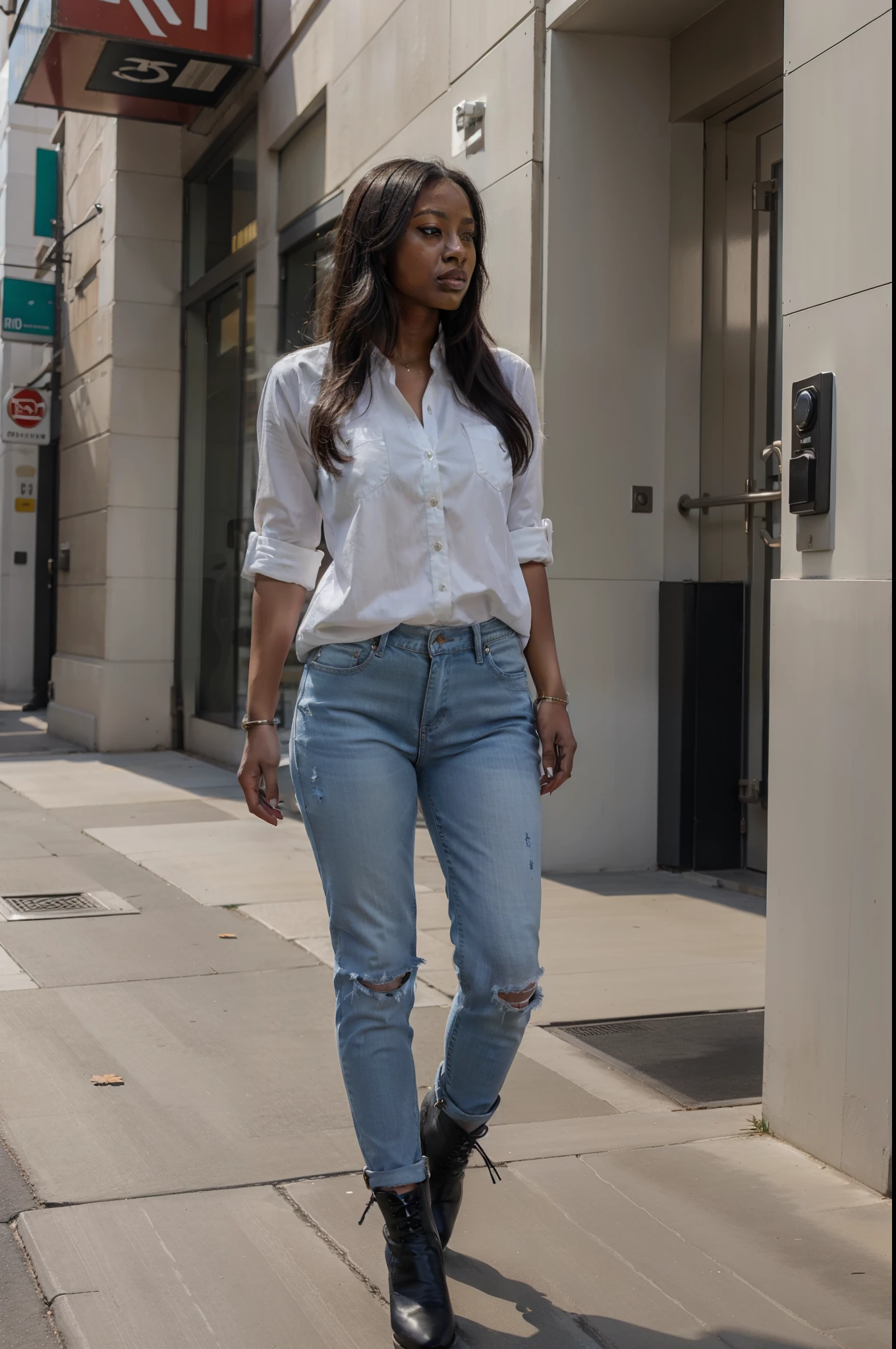 Full Body Ebony woman wearing White shirt, Blue jean pants and black high heel boots