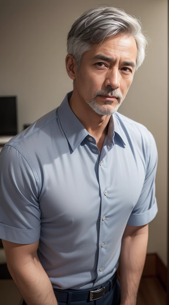 (Best Quality,master piece,High resolution,Photorealsitic,Raw photo:1.3),upperbody shot,(Solo),(Man:1.2),Look at the viewer,(Gray hair mixed:1.2),(Navy Blue Collar Shirt),(extra short hair:1.2),(Asian,modeled:1.3),(Handsome:1.2),45 years old,In a luxury hotel room in Europe