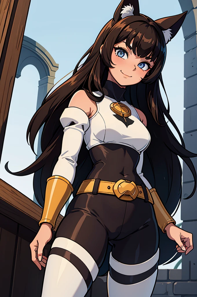 beautiful young female warrior fighter with cat ears on her head, com rosto bem detalhado e bonito, belos olhos, belos olhos, rosto lindo, beautiful young woman wearing long brown leggings with black details, sueter apertado branco, standing in a castle, usando bota preta, cabelo comprido com franja preto, ,orelhas de gato, belo sorriso, tomboy, um pouco musculosa,suter branco com cinta em volta, olhar serio,usando jaqueta de couro apertado preto, com ombreiras de prata nos ombros