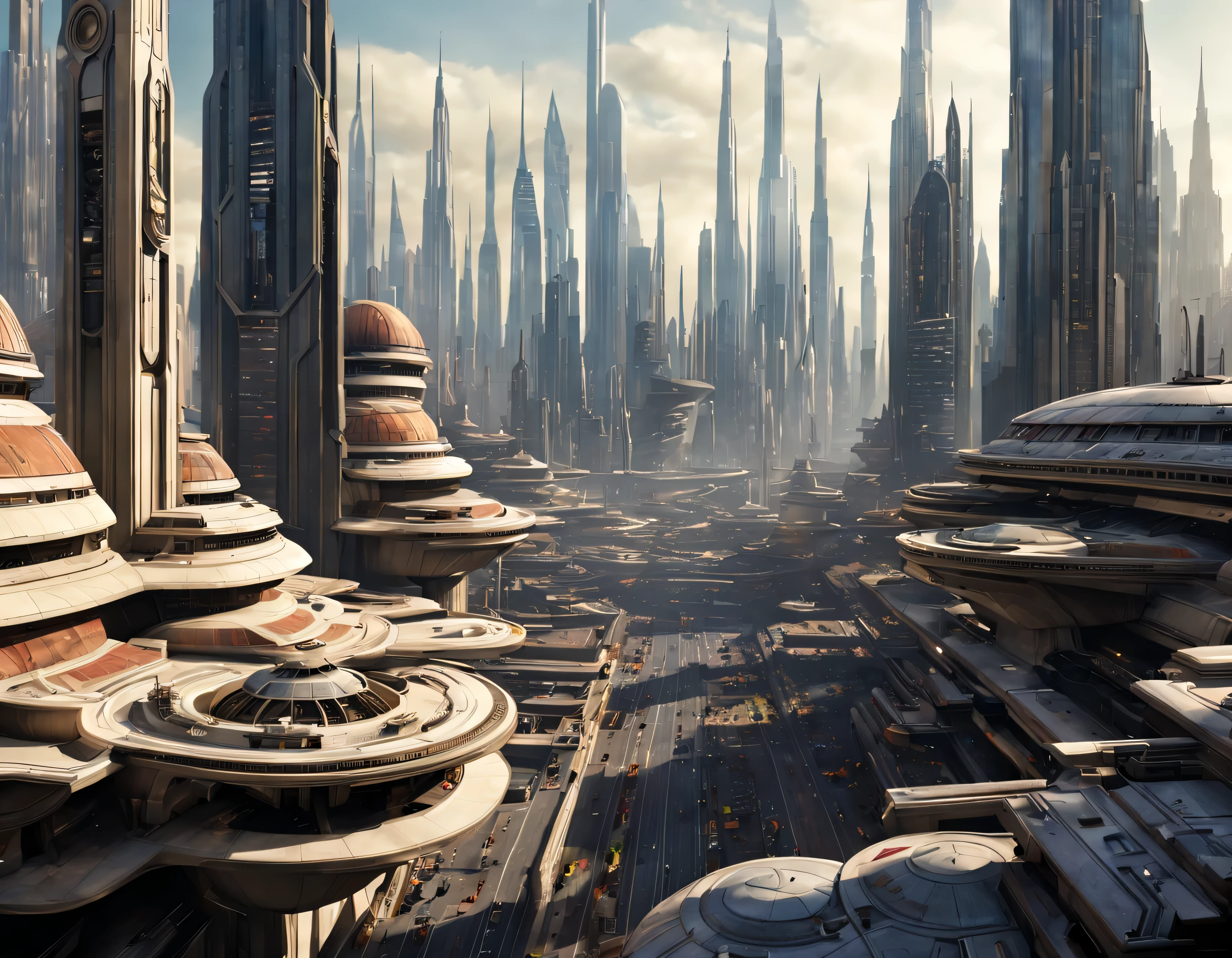vista desde una terraza de la ciudad de coruscant de star wars, con sus inmensos edificios futuristas, divisandose el templo jedi de coruscant, con una inmensa nave alargada posada en sus inmediaciones, (Design by Doug Chiang), edificios del fondo nitidos y bien definidos, intrincados detalles de la maquina de la mas alta calidad, estilo cinematografico, nitidez absoluta, imagen 8k. (obra maestra de superior calidad).