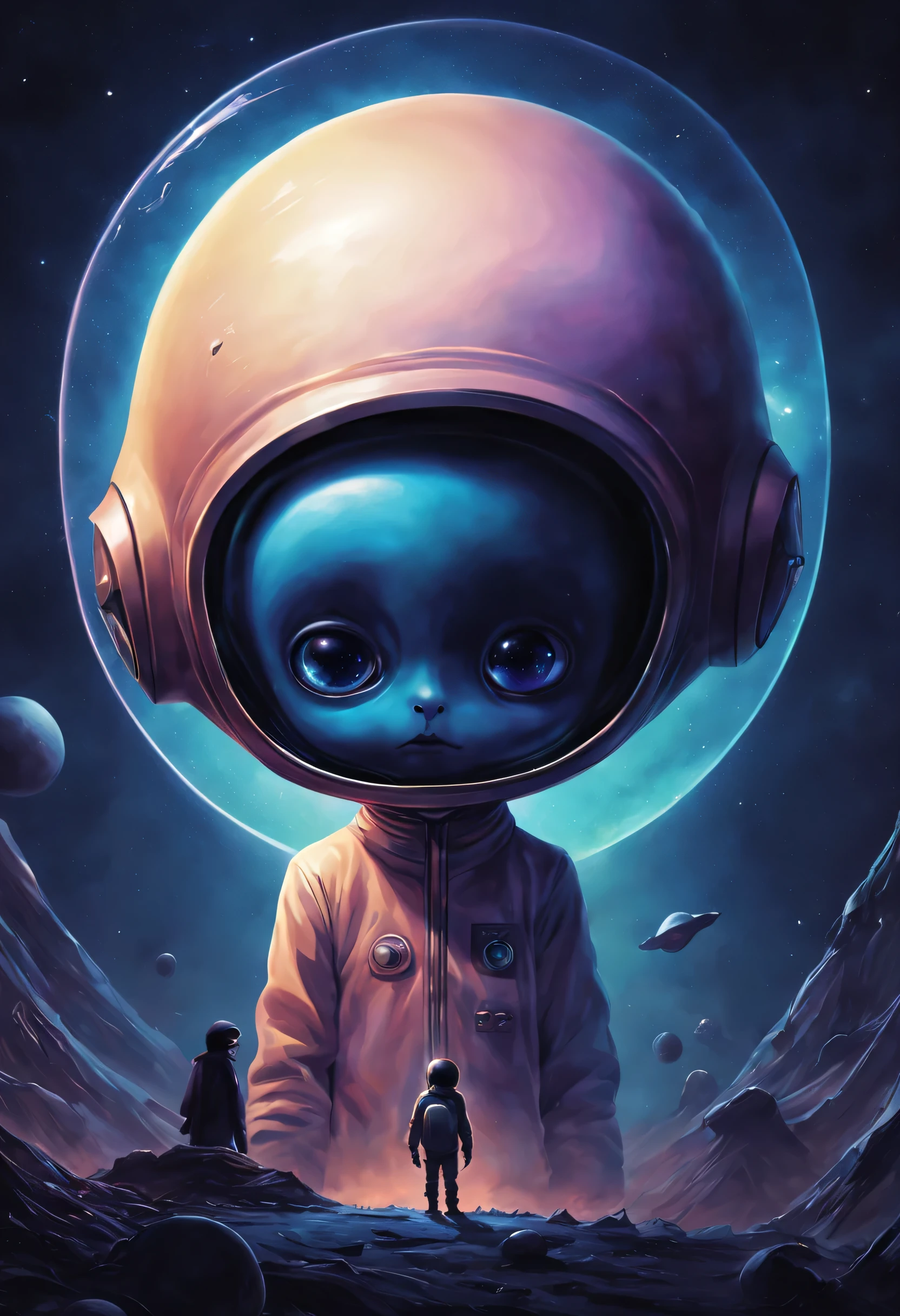 erson with a space helmet on, caring alien life form, alien art, cosmic horror illustration, alien forms, populated with aliens and people, the birth, the void people, omori, by Nándor Katona, alien abduction, by Pál Balkay, dreambotmothership, by Relja Penezic