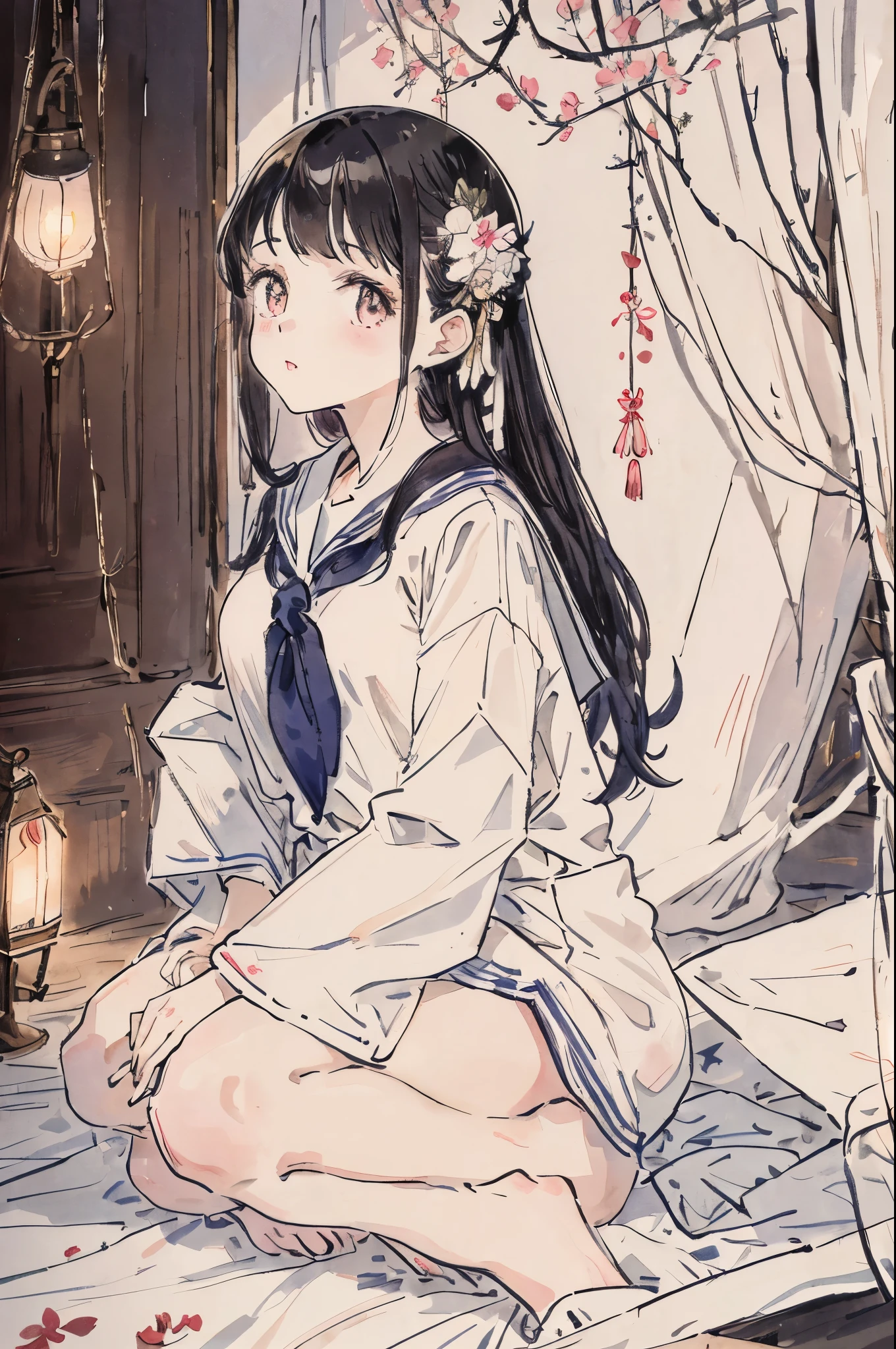 a sailor suit、teens girl、a pale、Soft lighting、paler、A dark-haired、florals、Photo Studio