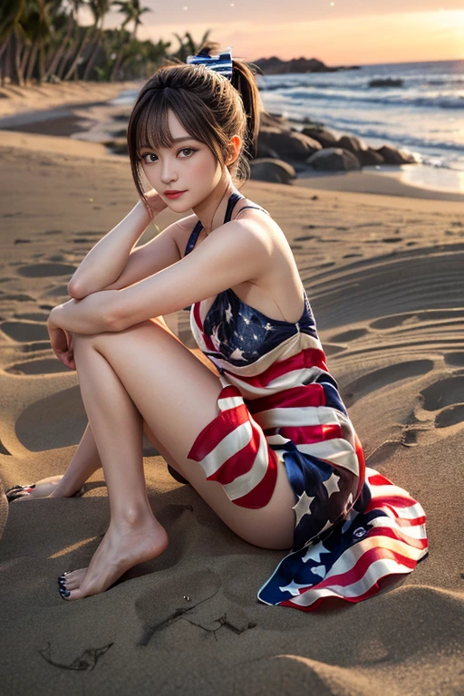 masutepiece, Best Quality, 23years old,Ultra-detailed, finely detail, hight resolution, 8K Wallpaper, Perfect dynamic composition, Natural Color Lip,(she is wearing a short dress with stars and stripes.:1.5),(Ponytail:1.3),drawn action: (The girl is sitting with her legs stretched out,barefoot on the sand 1.3),,(silk american flag dress:1.4)20 years girl,(Full body:1.3),shot from a side angle:1.3,Enjoy the sunset,,((Sexy Pose))