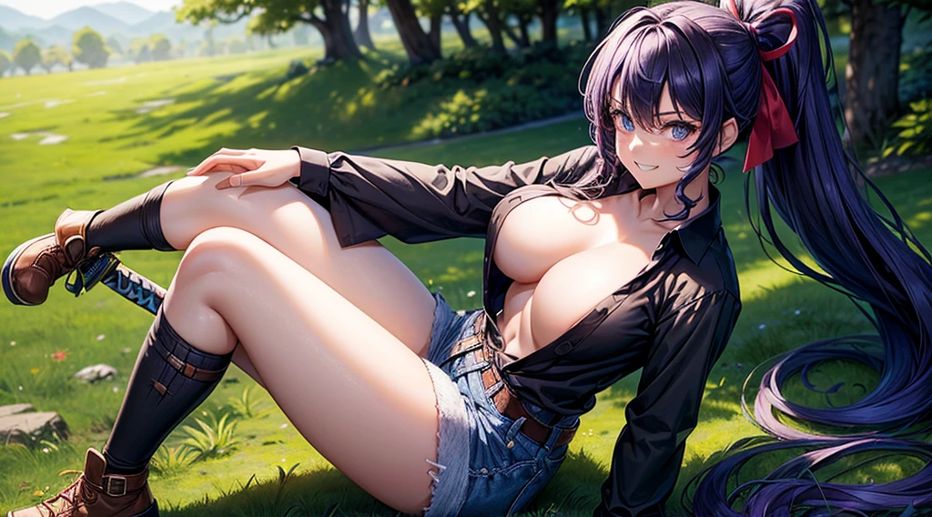 1girl, solo, ((full body)), village, trees, colorful hair, curly hair, ponytail, large breasts, button down shirt, ninja, ((black shirt)), ((unbuttoned shirt)), ((short sleeved shirt)), blue eyes, black shorts, katana, grin, looking at the viewer, standng, hair ribbon, bandage