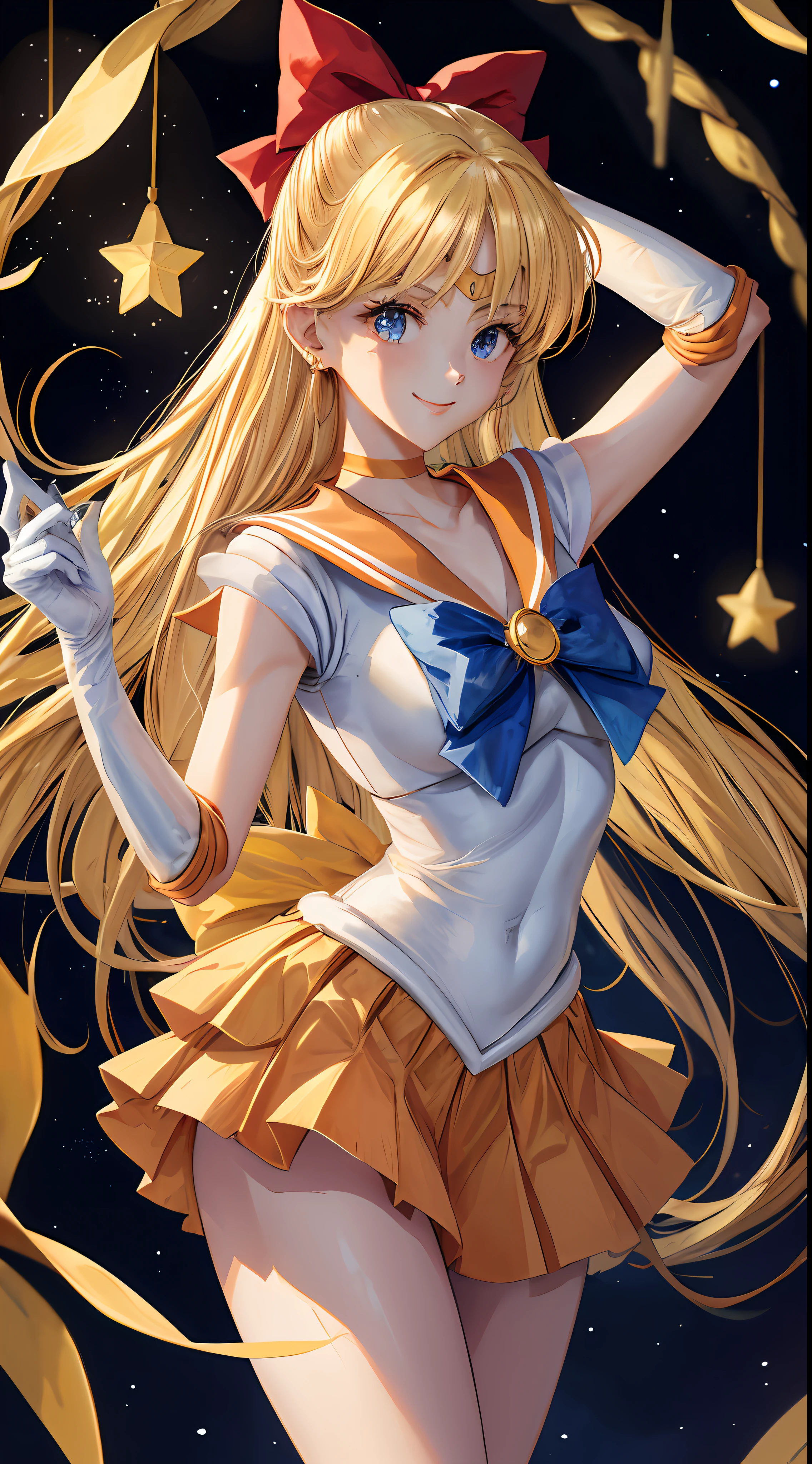 masterpiece, best quality, highres, venus1, 1girl, solo, sailor senshi uniform, sailor venus, aino minako, blonde hair, magical girl, blue eyes, orange skirt, elbow gloves, tiara, pleated skirt, hair bow, orange sailor collar, miniskirt, choker, red bow, orange choker, white gloves, very long hair, jewelry, earrings, cowboy shot, smile,