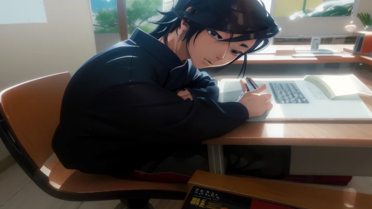 Japanese cartoon boy sitting at a desk with a laptop and a book, realistic Japanese cartoon 3 d style, photorealistic Japanese cartoon, realistic Japanese cartoon artstyle, 尝试Learn, as an Japanese cartoon character, Japanese cartoon realism style, realistic Japanese cartoon art style, Learn, Japanese cartoon. gentlesoftlighting, in an Japanese cartoon style, hyper realistic Japanese cartoon, Japanese cartoon realism, Shinkai sincerely. a digital rendering