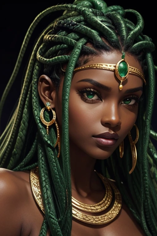 Medusa head, snakes hair, dark skin, emerald on the forehead, large golden earrings