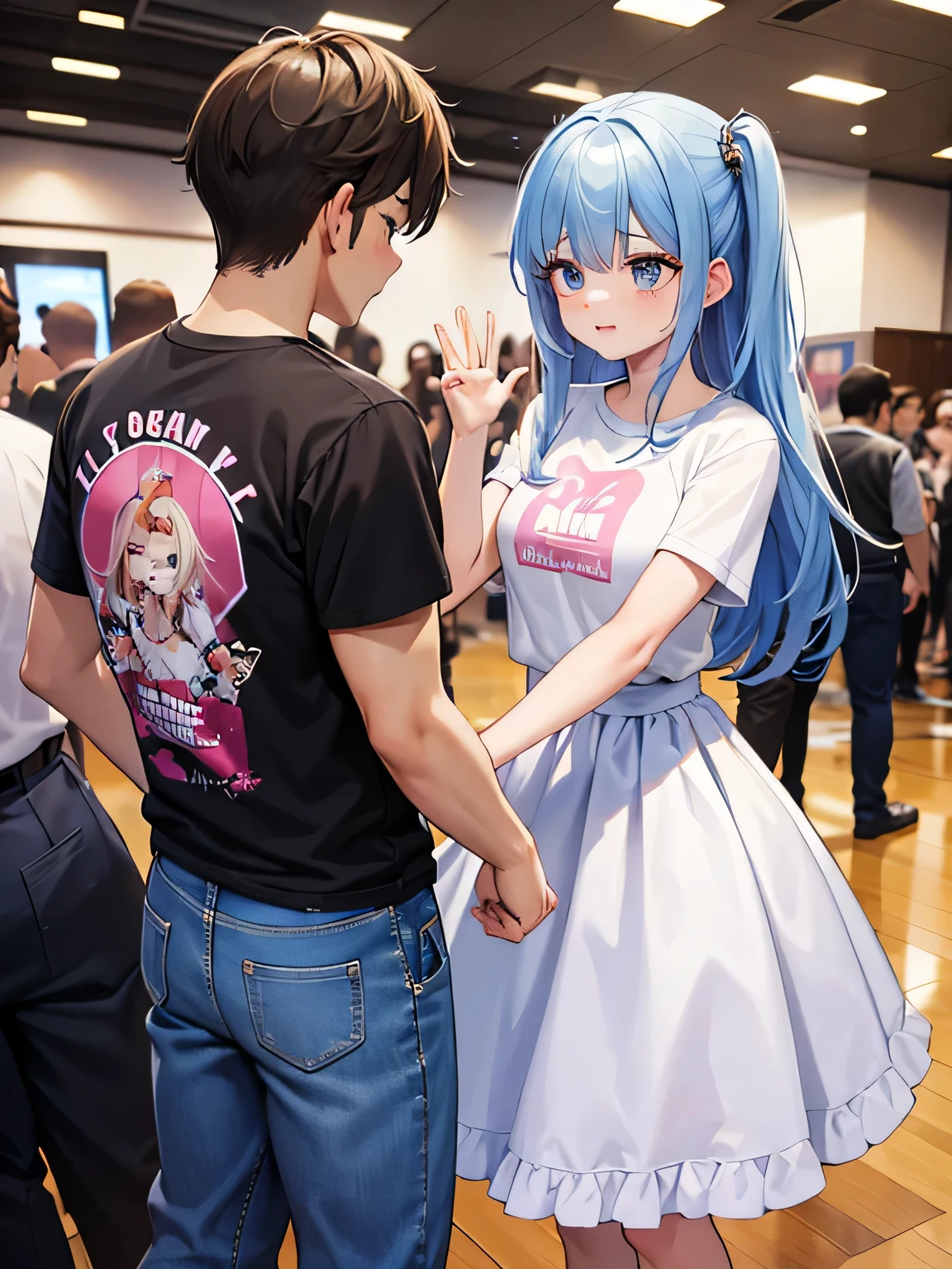 1,A man and a woman face each other and shake hands. 2,that woman is an idol. She is wearing a flashy, sparkly dress with frills.. 3,The man is a fan of the woman, Wearing a T-shirt and jeans. 4, The location is the handshake event venue..