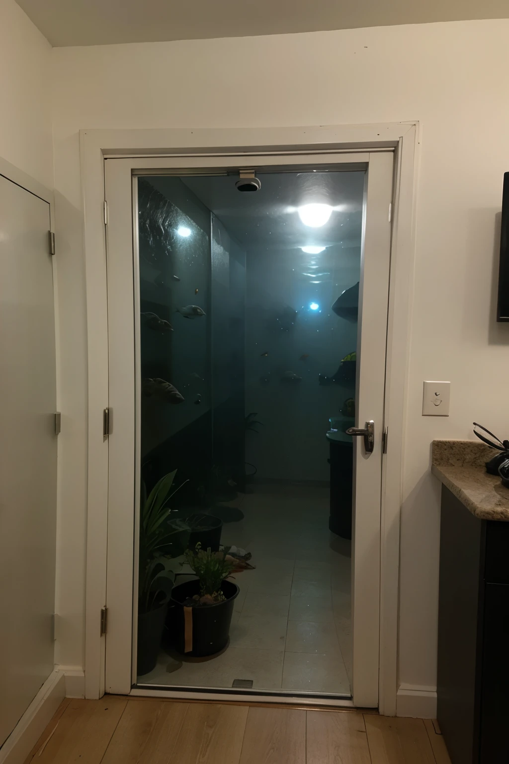 Comic Style Image of an aquarium door and a Fisch looking through