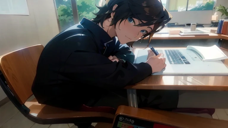 Anime characters sitting at desks,Comes with laptop and pen, Shinkai sincerely. a digital rendering, kyoto animation still, Shinkai sincerely style, handsome anime pose, in style of kyoto animation, young anime man, Sit at his desk, Shinkai sincerely art style, Shinkai sincerely!, Shinkai sincerely!!, Anime stills animation style