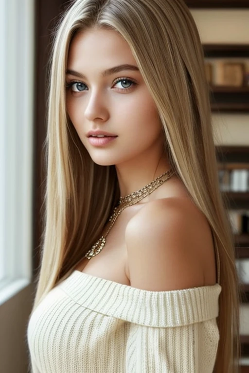 1girl in, age19, Solo, Long hair, Colossal tits, Looking at Viewer, blondehair, Bare shoulders, Brown eyes, jewely, Full body, a necklace, off shoulders, Sweaters, Realistic, A sexy