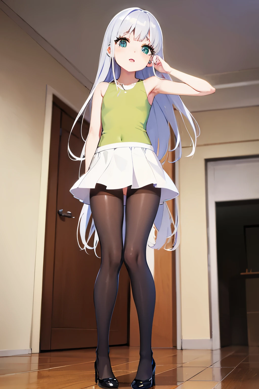 Cabello largo plateado, ojos verdes, petite, leotard, mini skirt, pantyhose, white clothes, sonrisa, muslos hermosos, inside house