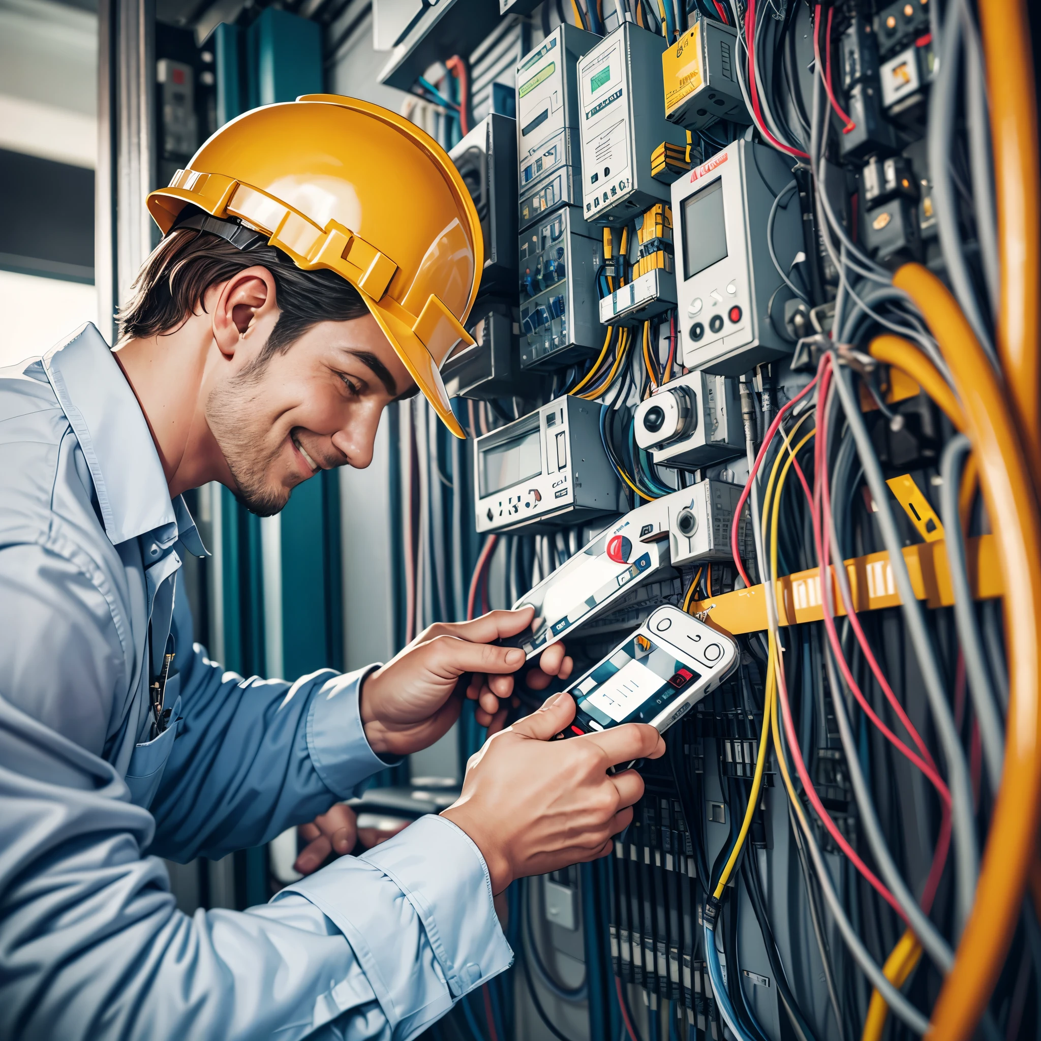 An advertising photograph would show an electrician working on an electrical installation, using COBRECOM electrical wires and cables.  The electrician could be smiling and looking pleased with his work.  The photography must be contemporary and the wires and cables must be organized.  the environment must be a modern, clean and organized place --auto --s2