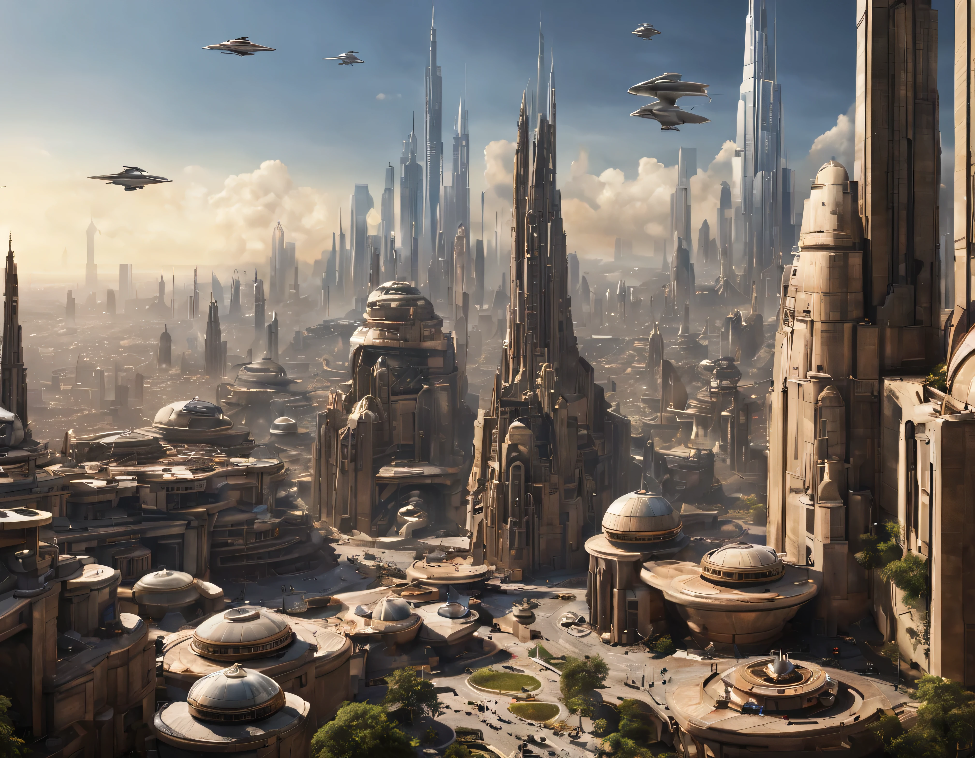 vista desde una terraza de la ciudad de coruscant de star wars, con sus inmensos edificios futuristas, divisandose el templo jedi de coruscant, con una inmensa nave alargada posada en sus inmediaciones, (Design by Doug Chiang), edificios del fondo nitidos y bien definidos, intrincados detalles de la maquina de la mas alta calidad, estilo cinematografico, nitidez absoluta, imagen 8k. (obra maestra de superior calidad).