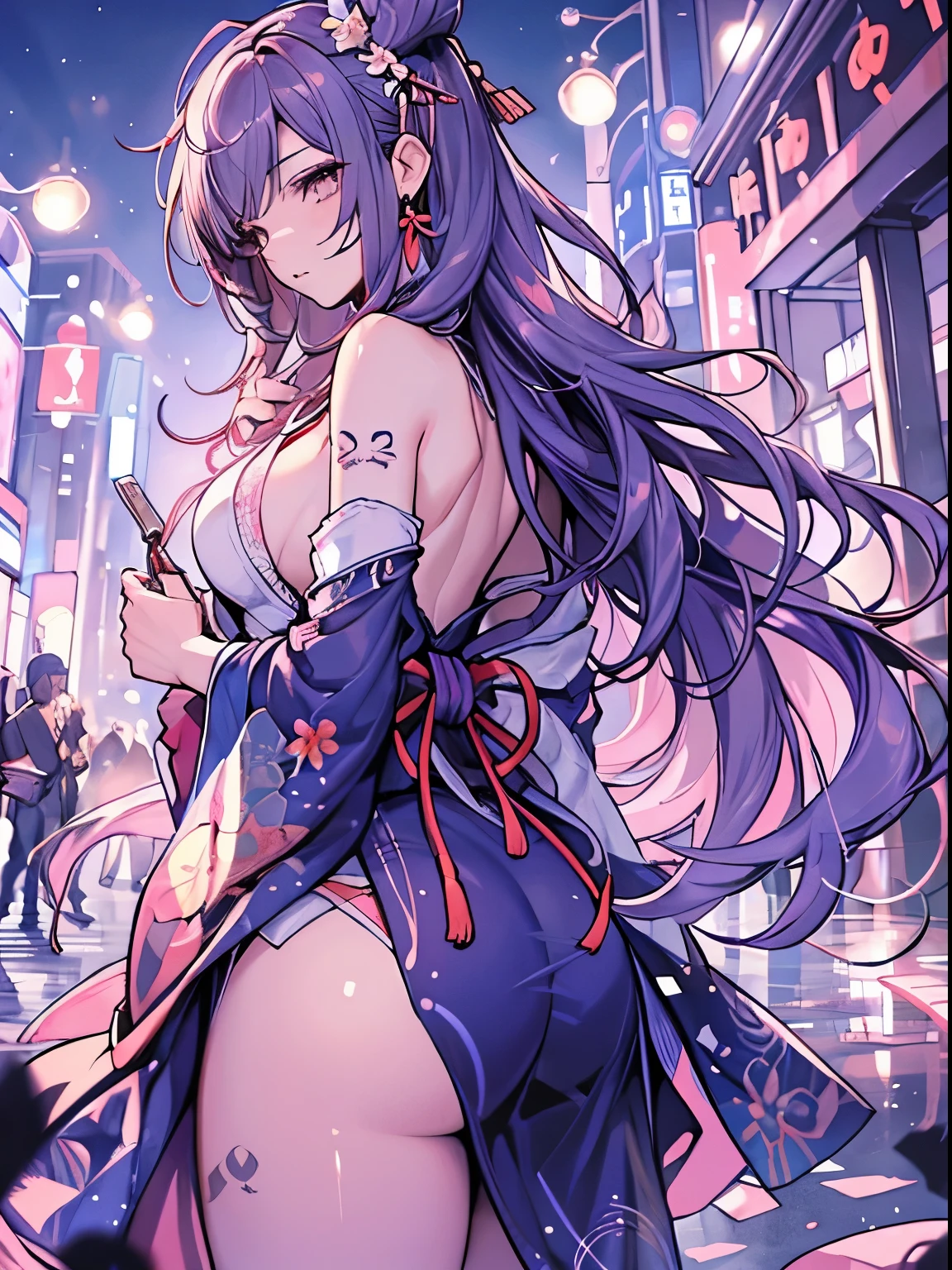 best qualtiy,  超A high resolution, detail portrayal, from behind, Beautuful Women, large full breasts, Beautiful detailed Japanese style tattoo on the back, Beautiful shiny hair, Fluffy clothes,