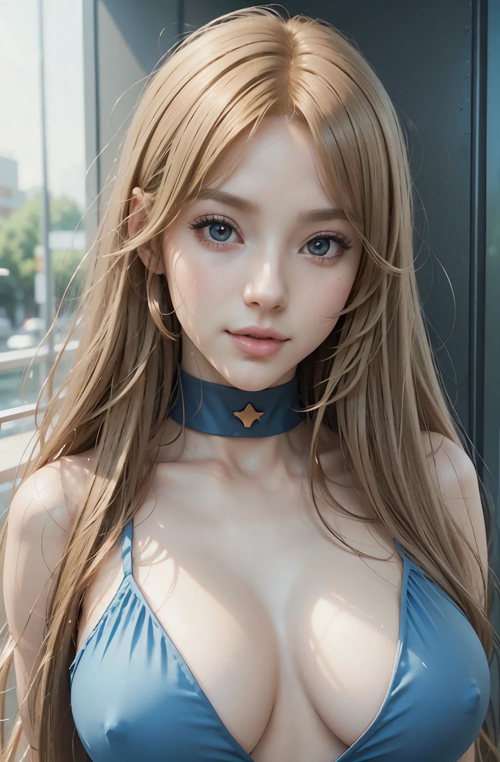 blond woman with long hair and blue dress posing for a picture, realistic anime artstyle, photorealistic anime girl render, smooth anime cg art, anime realism style, realistic artstyle, realistic young anime girl, gorgeous digital painting, realistic anime 3 d style, beautiful anime portrait, realistic anime art style, closeup character portrait, 3 d anime realistic, anime style portrait, (two heads)