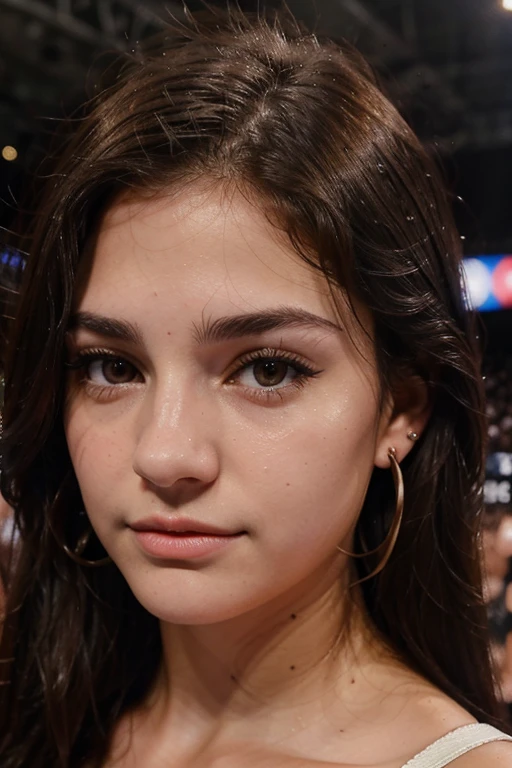Photo of a 20 year old brunette woman, that  has a very natural face,  thin lips, thin eyes, thin eyebrows, thin nose, earrings, long eyelashes. She makes a cute selfie at a ufc event where you see the cage in the background.