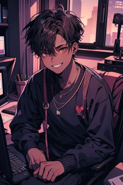 Young man aged 20 sitting in front of his computer working, he is of normal shape and brown color, African hair, he is not as giant, he smiles wearing a tank top (sweater) with tie and anti blue light