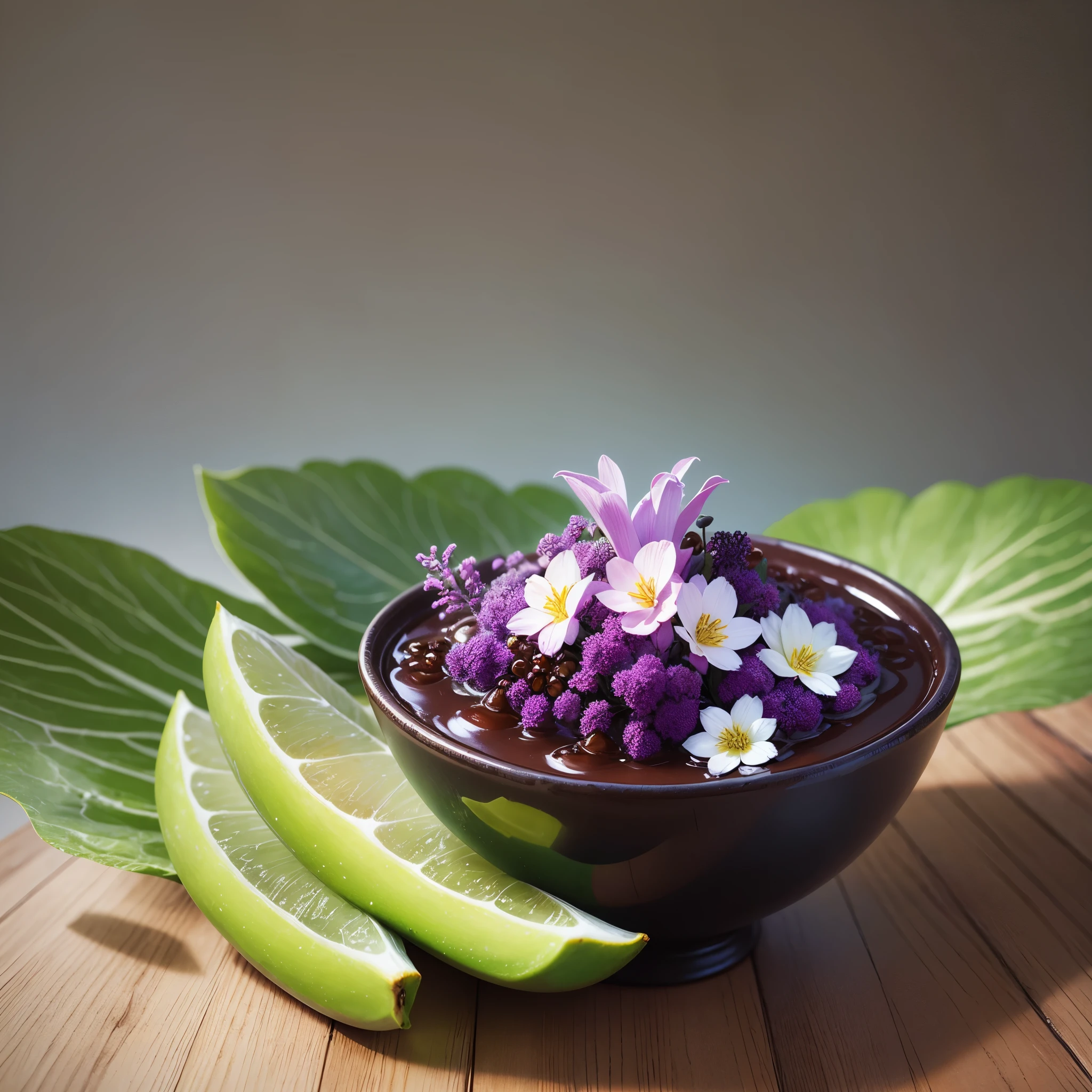 Açaí bowl containing banana, morango, lilac flowers. a tijela feita de casco de coco. It's cool. Existem colher dourada, placed on a green açaí leaf, ao ar livre, a clear blue sky. --auto --s2