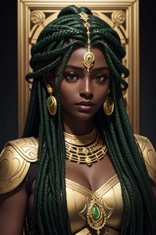 Medusa head, snakes hair, dark skin, emerald on the forehead, large golden earrings