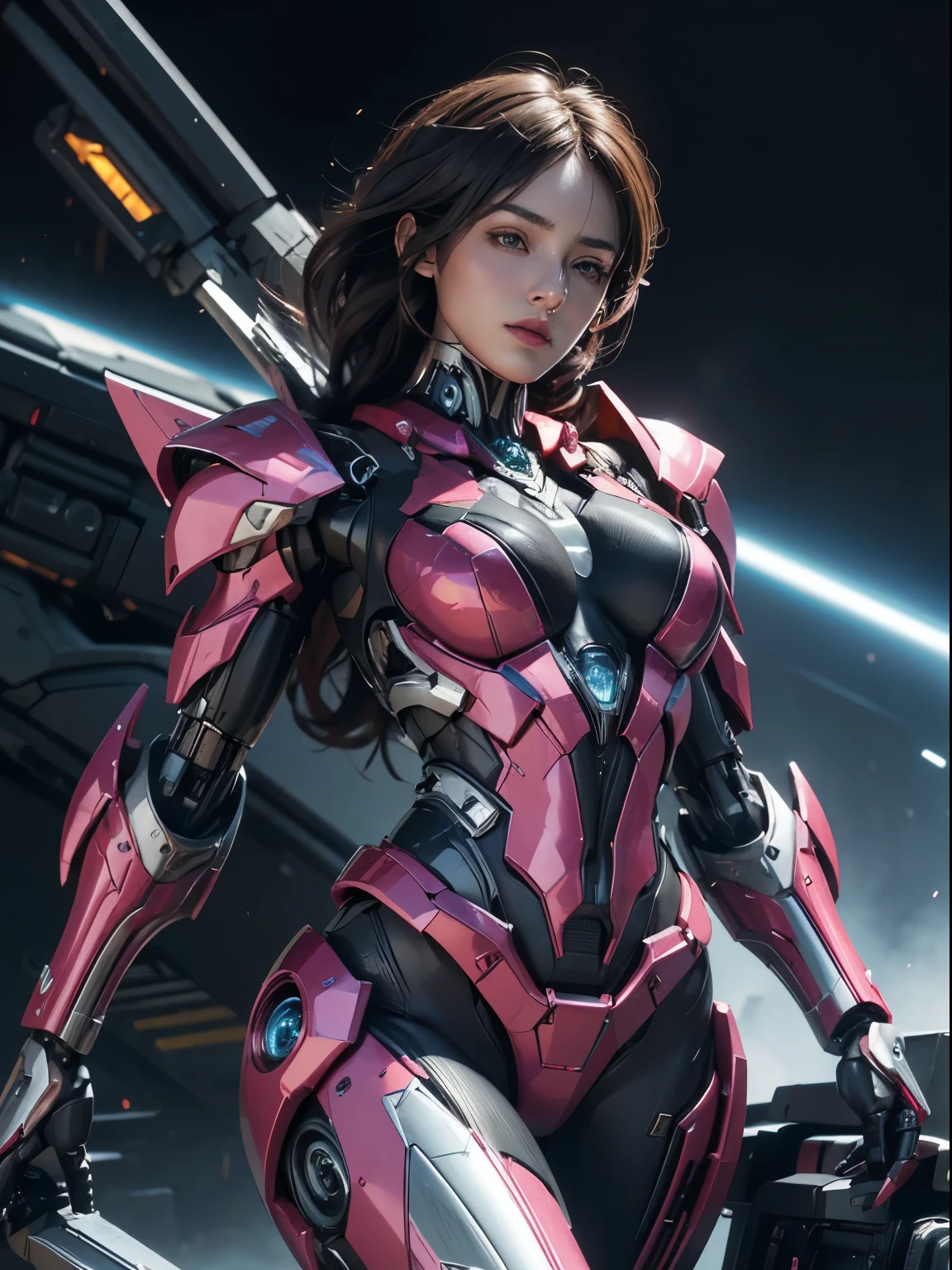 A woman in a pink suit holding a gun and a gun - SeaArt AI
