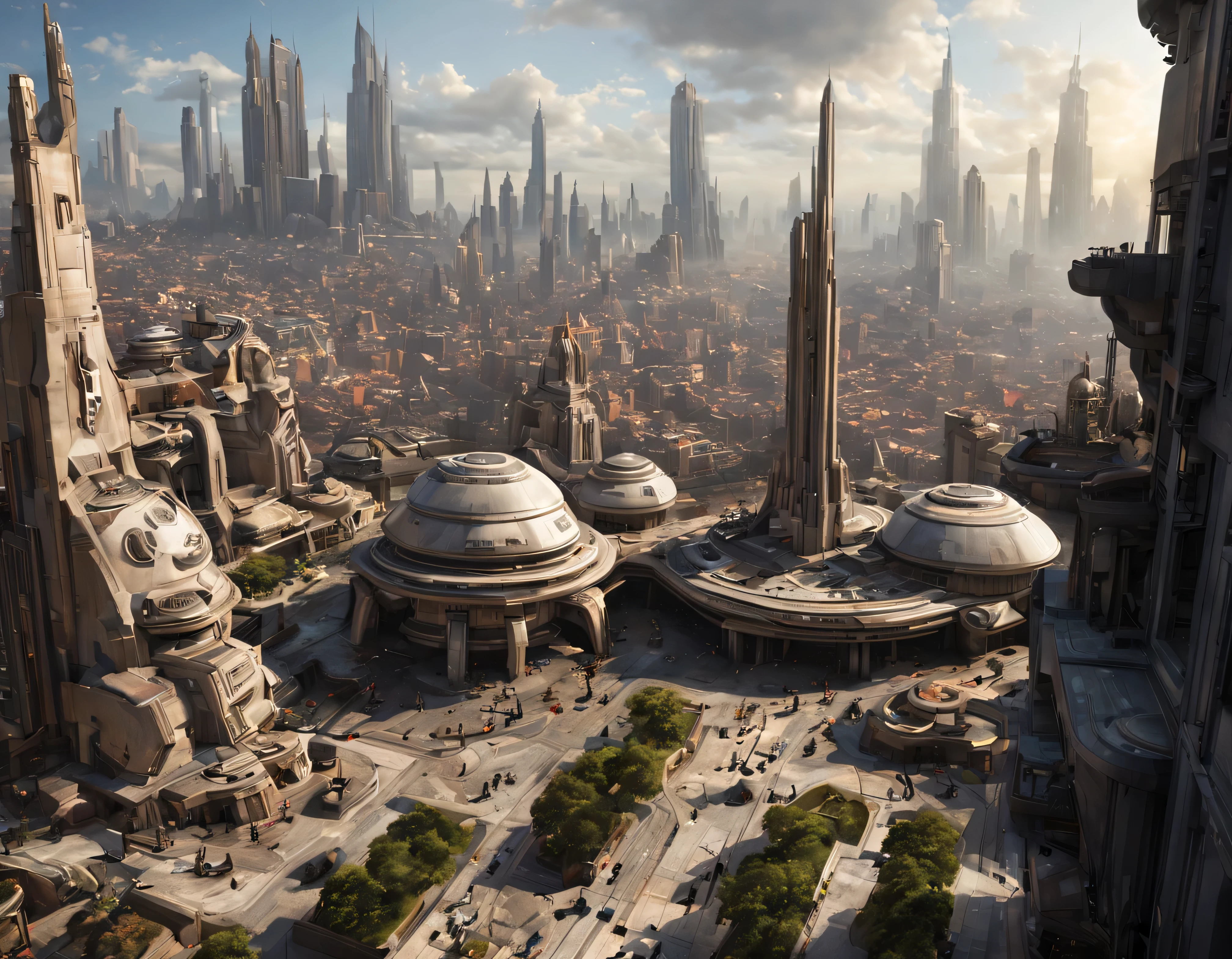 vista desde una terraza de la ciudad de coruscant de star wars, con sus inmensos edificios futuristas, divisandose el templo jedi de coruscant, con una inmensa nave alargada posada en sus inmediaciones, (Design by Doug Chiang), edificios del fondo nitidos y bien definidos, intrincados detalles de la maquina de la mas alta calidad, estilo cinematografico, nitidez absoluta, imagen 8k. (obra maestra de superior calidad).