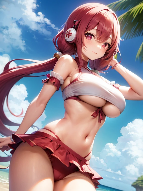 anime (Hundred), lady , sexy (very big boobs), actress (Sakura Kirishima) , pink long hair to hip / past hip length , pink eyes, twintails, hair ribbons, flower, detached sleeves, headset, bikini, She is playing beach volleyball