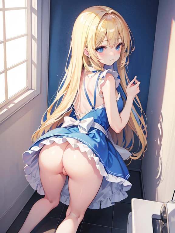 alice in the wonderland、cute little、a miniskirt、a blond、No panties、Wavy Hair、blue eyess、teens girl、ar old、all-fours、オマンコ、Wet、Sigh、、s ass、s assを画面に向けて、with spreading legs、Spread by hand、Happy、A smile、Apron Dresses、a miniskirt、NSFW、、shairband、No pantur nude、The clothes are fluffy、i&#39;I&#39;m pulling down my pants、Toilet room、pee、