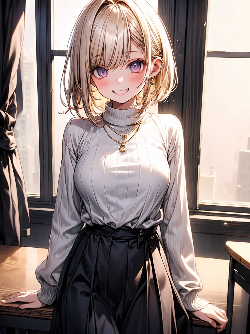 masterpiece, absurdres, best quality, ultra detailed, high Resolution, detailed illustration, extremely beautiful detailed face and eyes, bright colour, 1girl, (loli), cute face, Delicate beautiful face, magenta eyes, cute eyes, sparkling eyes, big eyes, medium breasts, (perky breasts:1.1), (pointy breasts:1.1), medium hips, glamorous body, white skin, grin, BREAK, long bob cut, (blonde hair:0.8), messy hair, detailed hair, shiny hair, BREAK sweater, long skirt, tiny ribbon, study, at class room, universe, real world, natural lights, perfect lighting,