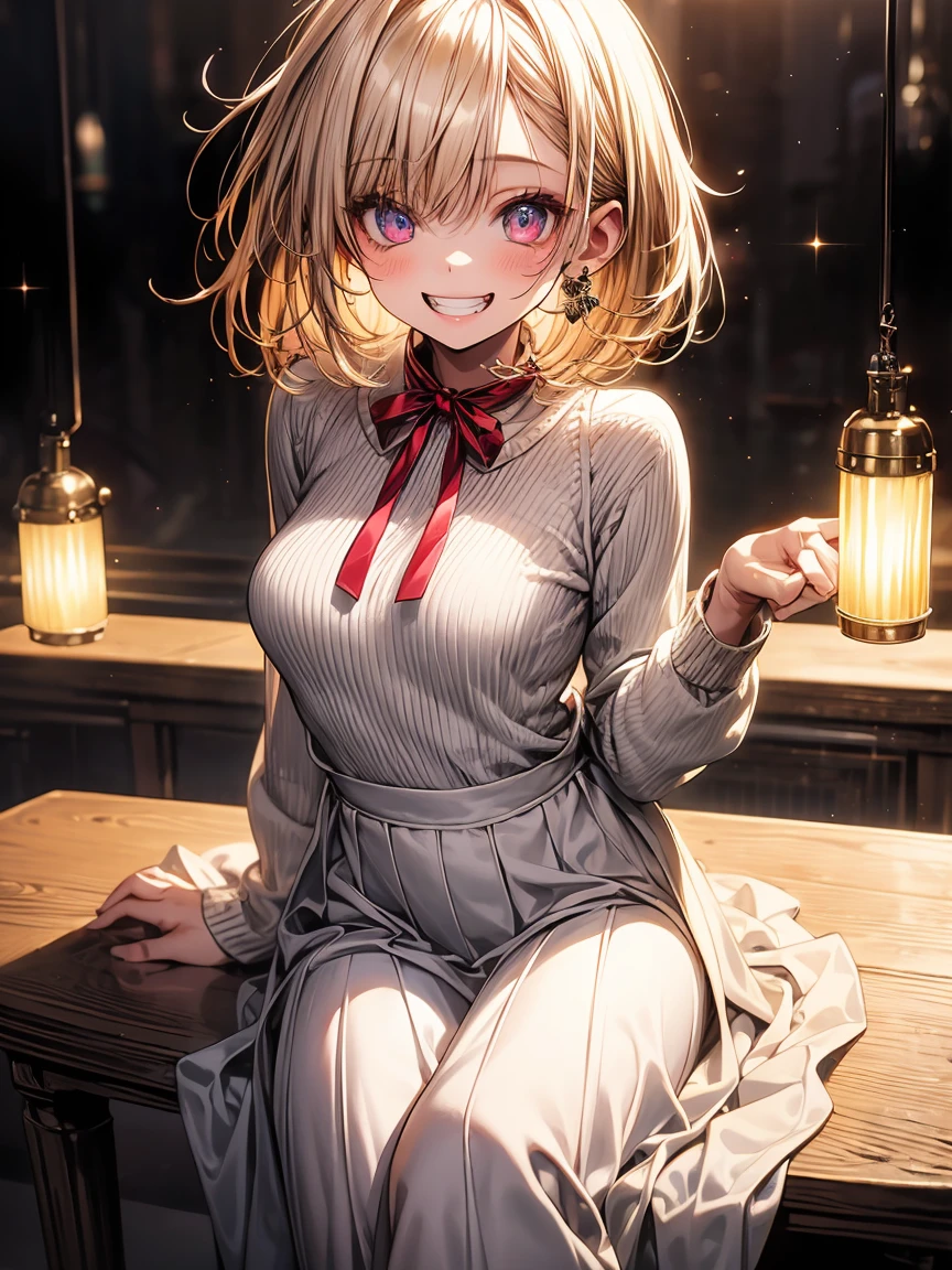 masterpiece, absurdres, best quality, ultra detailed, high Resolution, detailed illustration, extremely beautiful detailed face and eyes, bright colour, 1girl, (li), cute face, Delicate beautiful face, magenta eyes, cute eyes, sparkling eyes, big eyes, medium breasts, (perky breasts:1.1), (pointy breasts:1.1), medium hips, glamorous body, white skin, grin, BREAK, long bob cut, (blonde hair:0.8), messy hair, detailed hair, shiny hair, BREAK sweater, long skirt, tiny ribbon, study, at class room, universe, real world, natural lights, perfect lighting,