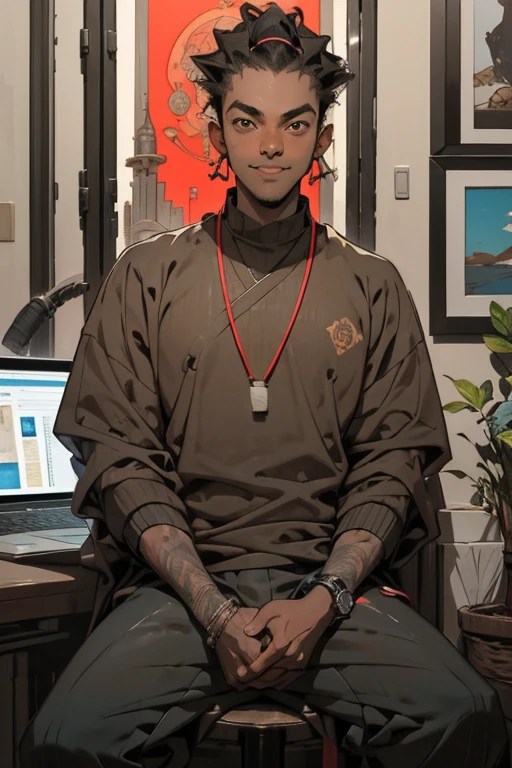 Young man aged 20 sitting in front of his computer working, he is of normal shape and brown color, African hair, he is not as giant, he smiles wearing a tank top (sweater) with tie and anti blue light
