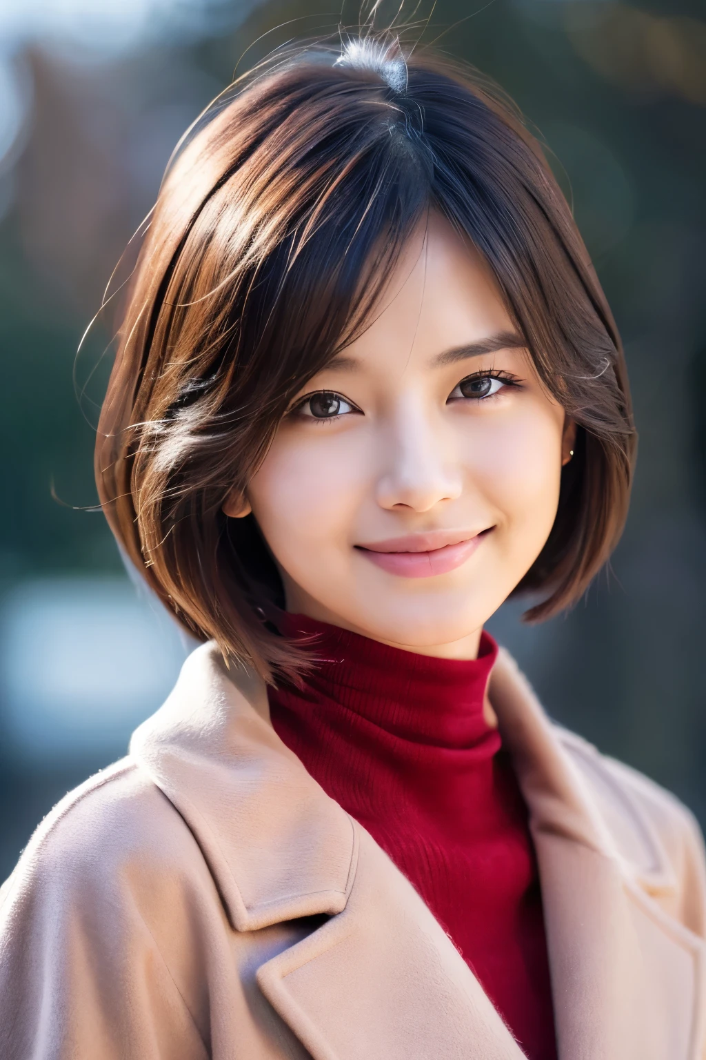 1girl in, (Red Turtleneck, Wearing a pink coat:1.2), (Raw photo, Best Quality), (Realistic, Photorealsitic:1.4), masutepiece, Extremely delicate and beautiful, Extremely detailed, 2k wallpaper, amazing, finely detail, the Extremely Detailed CG Unity 8K Wallpapers, Ultra-detailed, hight resolution, Soft light, Beautiful detailed girl, extremely detailed eye and face, beautiful detailed nose, Beautiful detailed eyes, Short hair, Cinematic lighting, Winter scene, Perfect Anatomy, Slender body, Smiling
INFO