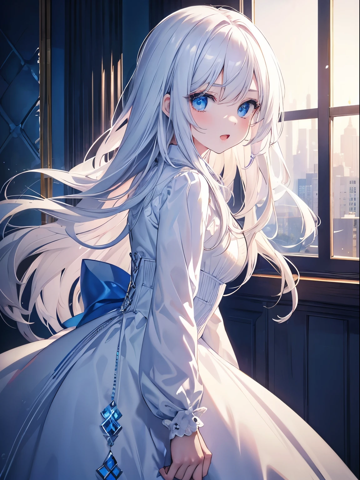 masutepiece, Highest Quality, (Perfect face:1.1), (high detailing:1.1), (ultradetailed eyes), Dramatic, superfine illustration, Extremely detailed, 1girl in, (pale skin), long white hair, Ethereal eyes, Blue eyes,tareme, (light eyebrow),blush,Solo,Smile, Happy, Laugh, Enjoy, Open mouth, Pouty lips,Cinematic lighting, looking for viewer,From Side,Cowboy Shot,Long sleeve,Blue Princess Dresses, Indoor,Winter background