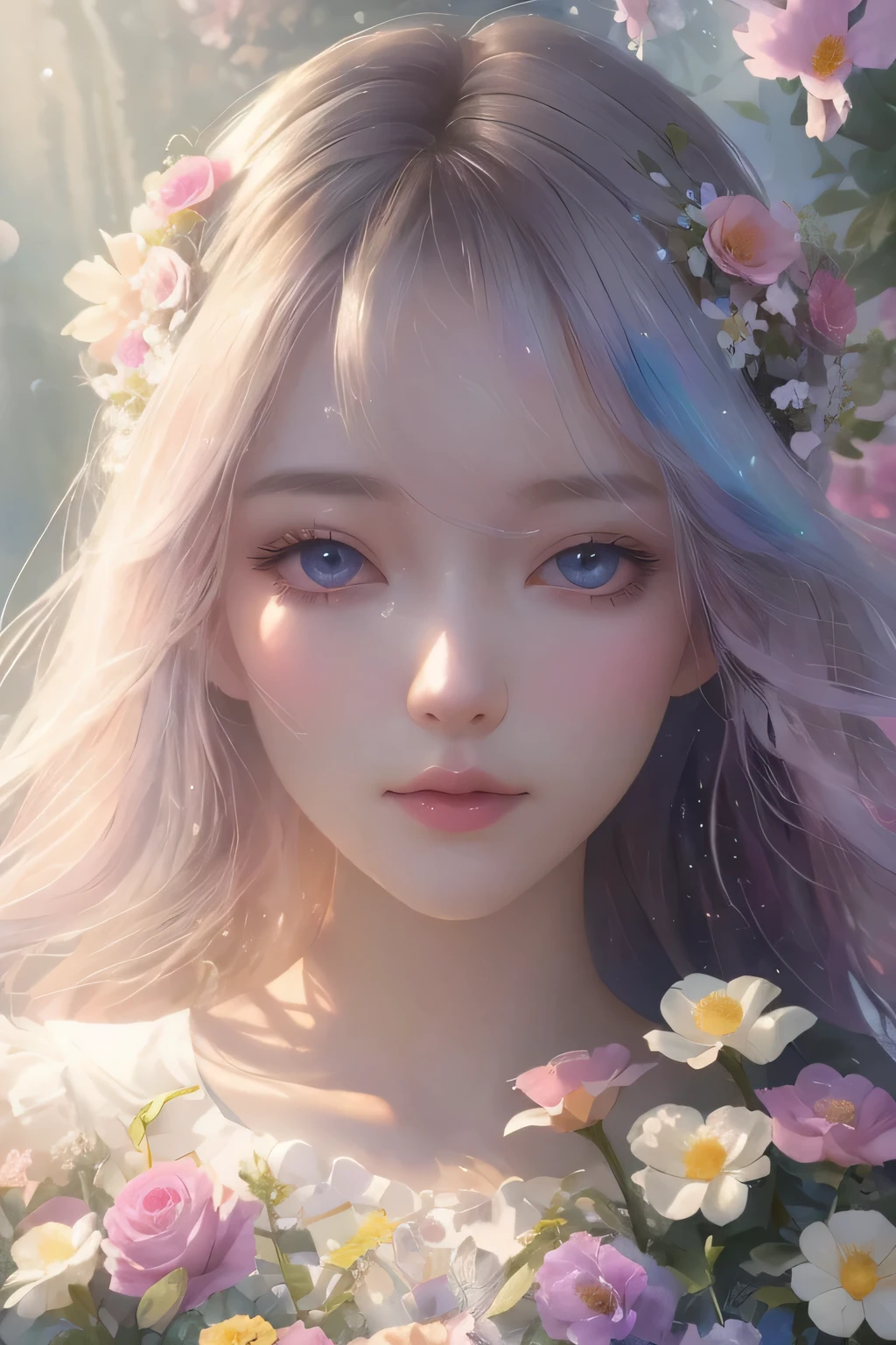 (High quality, 8K), (Soft light:1.2), Rainbow Color, One girl, Detailed face, Detailed eyes, Watercolor paiting,  very magical and dreamy, dreamy and detailed, dreamy ambianceとドラマ, Gorgeous atmosphere, Beautiful dreamy lighting, dreamy ambiance, Beautiful atmosphere, Dreamy Romantic, Ethereal dreamy theme, Magical atmosphere, Beautiful atmosphere, Anime Background Art, Magical atmosphere + masutepiece, dreamy aesthetic, Beautiful details with atmosphere, Many flowers, Bubble, Water, Flower Garden