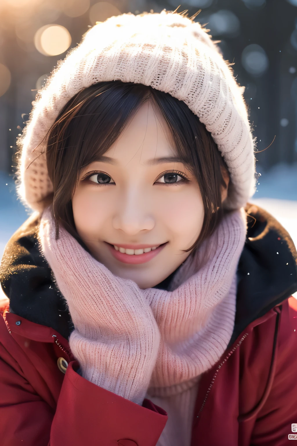 1girl in, (Red Turtleneck, Wearing a pink coat:1.2), (Raw photo, Best Quality), (Realistic, Photorealsitic:1.4), masutepiece, Extremely delicate and beautiful, Extremely detailed, 2k wallpaper, amazing, finely detail, the Extremely Detailed CG Unity 8K Wallpapers, Ultra-detailed, hight resolution, Soft light, Beautiful detailed girl, extremely detailed eye and face, beautiful detailed nose, Beautiful detailed eyes, Short hair, Cinematic lighting, Winter scene, Perfect Anatomy, Slender body, Smiling
INFO
