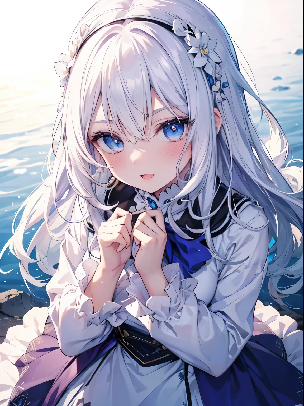 masutepiece, Highest Quality, (Perfect face:1.1), (high detailing:1.1), (ultradetailed eyes), Dramatic, superfine illustration, Extremely detailed, 1girl in, (pale skin), long white hair, Ethereal eyes, Blue eyes,tareme, (light eyebrow),blush,Solo,Smile, Happy, Laugh, Enjoy, Open mouth, Pouty lips,Cinematic lighting, Looking up,from above,learning forward, Cowboy Shot,Snow,Long sleeve,Blue Princess dress