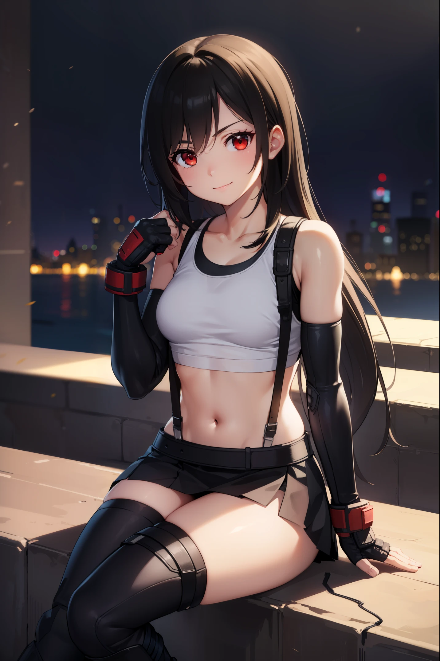 8K, Best Quality, Masterpiece: 1.2), Super Detail, One Girl, Cute, Solo, (Tifa Lockhart), (Small Breasts), (Beautiful Eyes), (Smile: 1.2),Neon, Cityscape, Depth of Field, Dark Strong Shadows, Motion Blur, depth of field, composition, glowing green, final fantasy vii, date, (nose brush), single elbow pads, ankle boots, black hair, black skirt, black thighs, red boots, elbow gloves, elbow pads, fingerless gloves, taut shirt, sports bra, (suspender black skirt), thigh, white tank top,cowboy shot,headrest, lips, beautiful face, low tie long hair, (red_eyes)), yellow flowers, (night: 1.3), complex, bokeh, cinematic lighting, photon mapping, radiosity, physically based rendering, smile,sitting