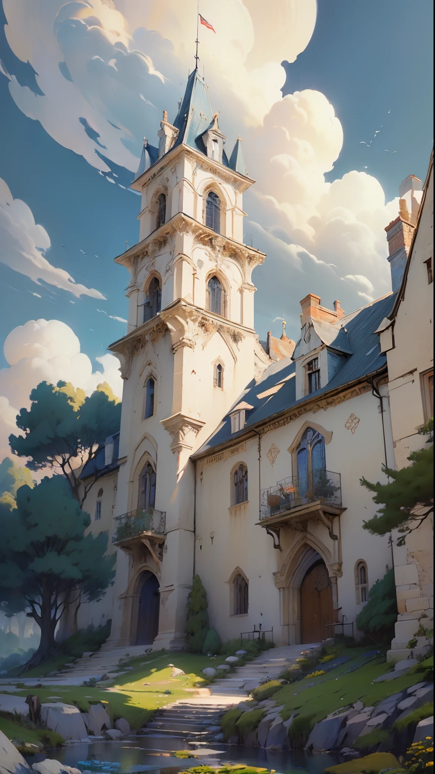 (masterpiece:1.2),(best quality,highres,ultra-detailed,realistic:1.37),medieval cityscape,illustration by a cartoonist,Aeria View,beautiful sky,altered clouds,1.3:trees,tower