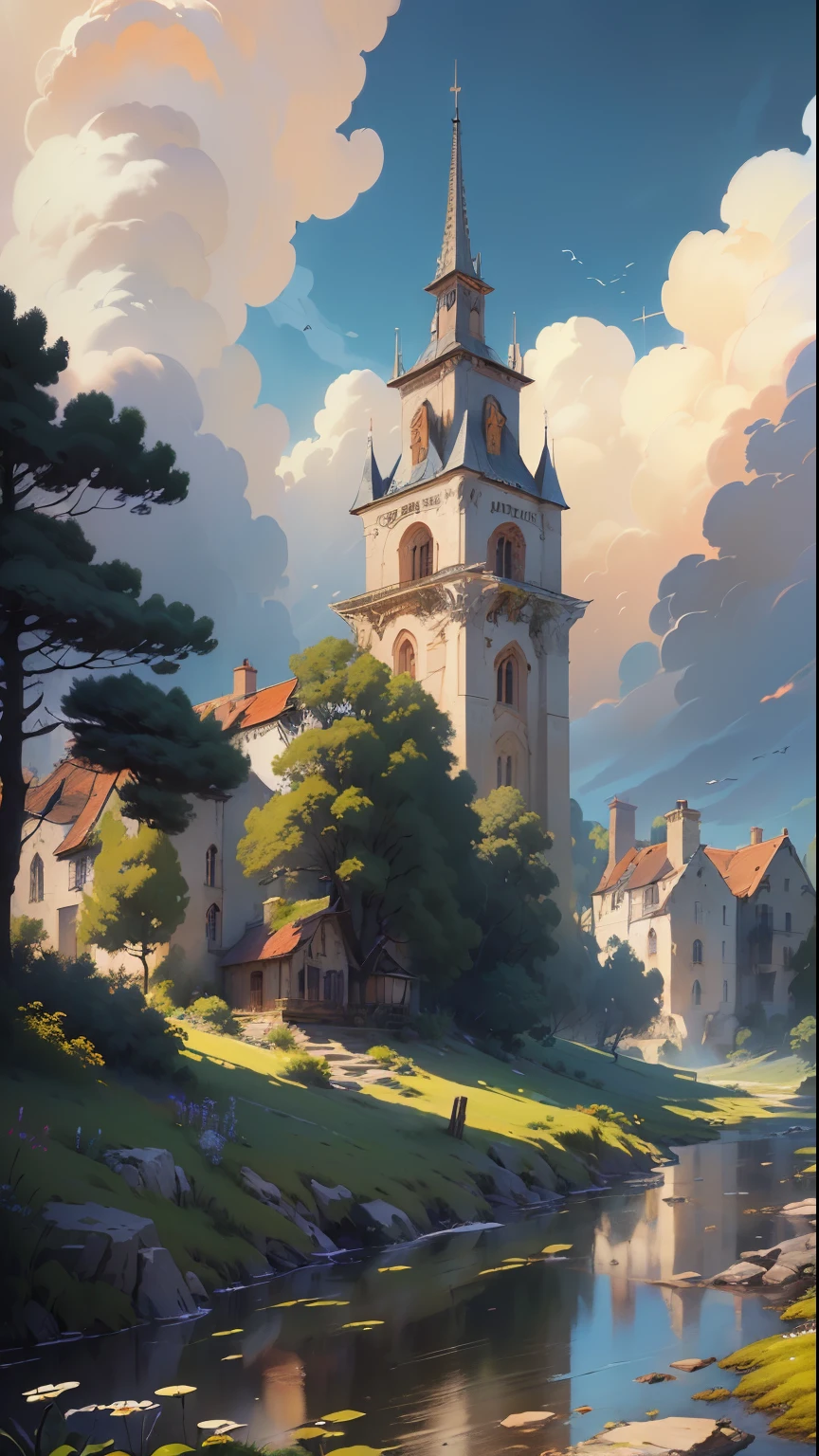 (masterpiece:1.2),(best quality,highres,ultra-detailed,realistic:1.37),medieval cityscape,illustration by a cartoonist,Aeria View,beautiful sky,altered clouds,1.3:trees,tower